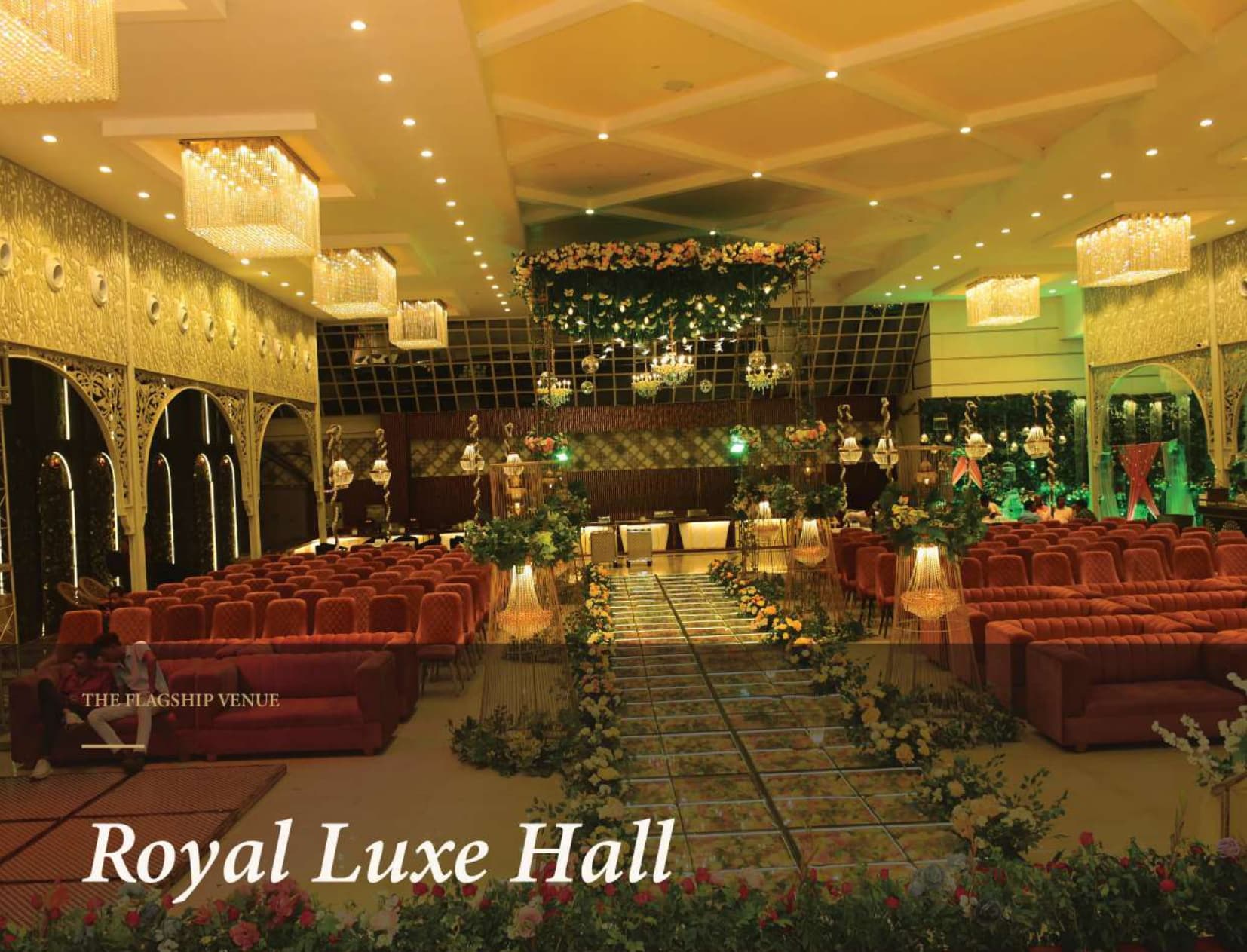 Royal Luxe Hall Grand Banquet View with Chandeliers and Floral Ceiling