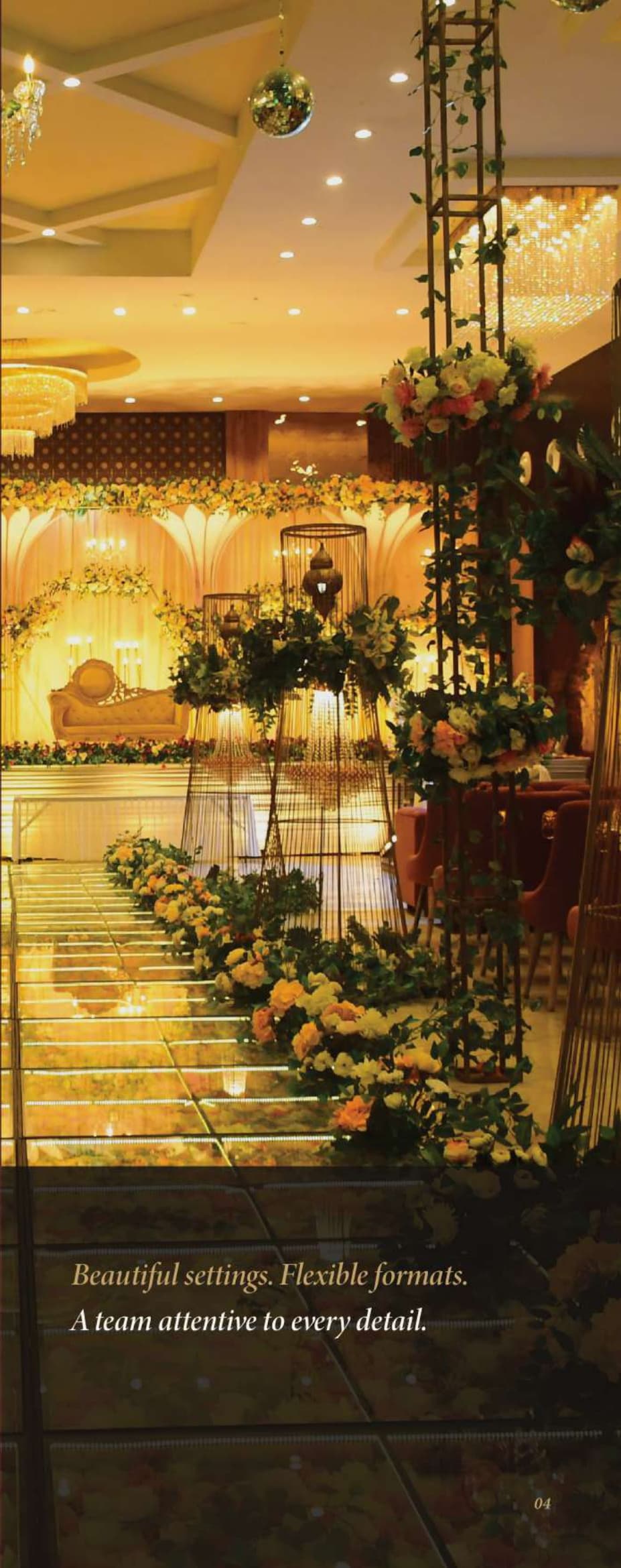 Nakshatra Hotel Grand Golden Wedding Walkway and Chandeliers